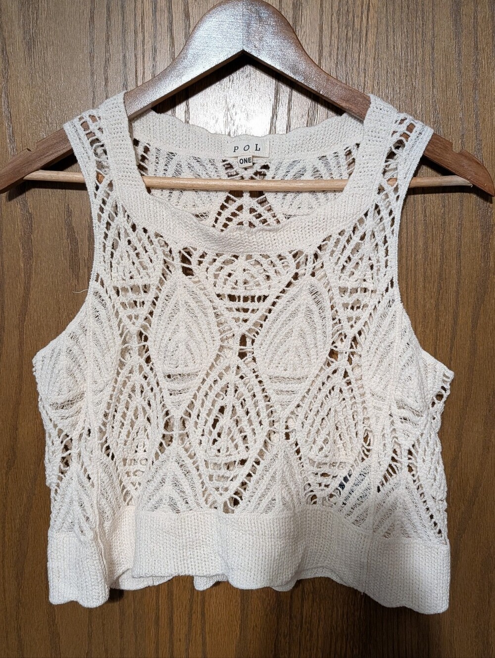 POL Clothing Open Knit Crochet Tank Top Cream Cotton Boho One Size